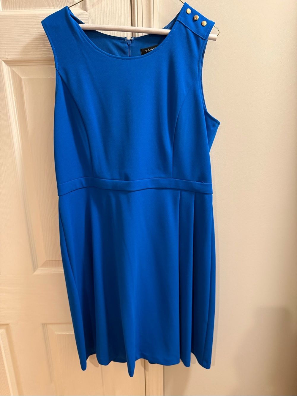 Tahari ASL Vibrant Cobalt Sleeveless Midi Dress with Gold Shoulder Buttons